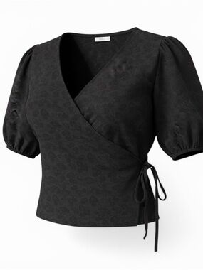 DAZY Black Textured Wrap Puff-Sleeve Blouse